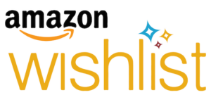 The word Wishlist in a yellow-gold color with decorative floating diamonds with a black amazon logo