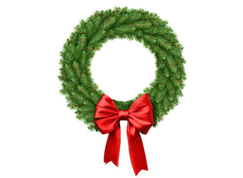 A plain and simple evergreen wreath with a red ribbon bow at the bottom with long tails