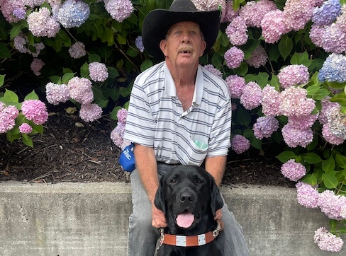 John and his GD Bankie sit at a retaining wall with a colorful display of Hydrangea flowers