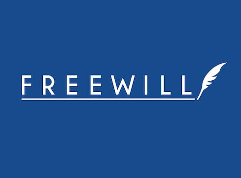 Freewill logo with quill pen at end of text white on blue