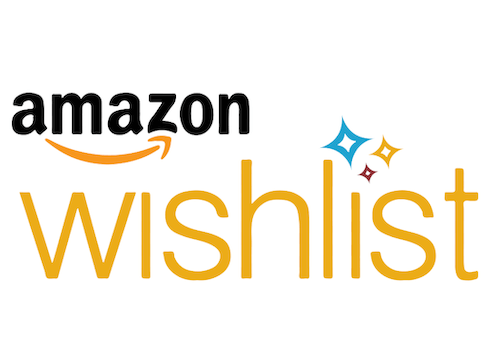 The word Wishlist in a yellow-gold color with decorative floating diamonds with a black amazon logo