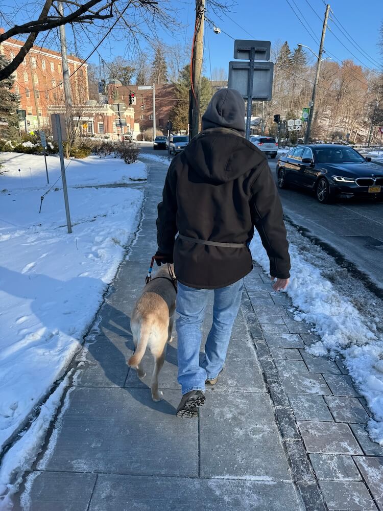 Lee and Nashville walk away safely down a sidewalk with icy snow on either side